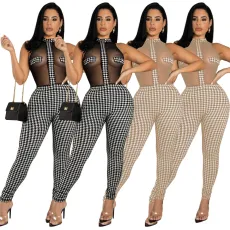Sleeveless knitting thread perspective jumpsuit