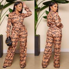 Autumn single breasted lapel letter printing lace up jumpsuit