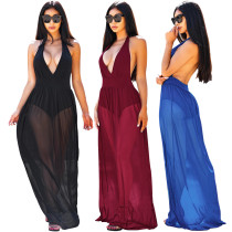 Sexy gauze perspective deep V tie neck halter dress in stock