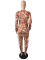 Fashion leopard print splicing long sleeve wrap hip high waist dress+trousers suit
