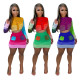 Casual hand knitted color contrast skirt suit