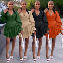 V Neck  Skater Dresses Bubble Sleeve Pleated Dress Sexy Dress