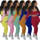 European and American popular pit strip low neck solid color long sleeve sexy two-piece set