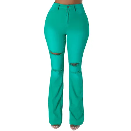 Fashion personality hole stretch flare pants