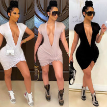 Deep V-neck sleeved hip wrap dress