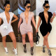 Deep V-neck sleeved hip wrap dress