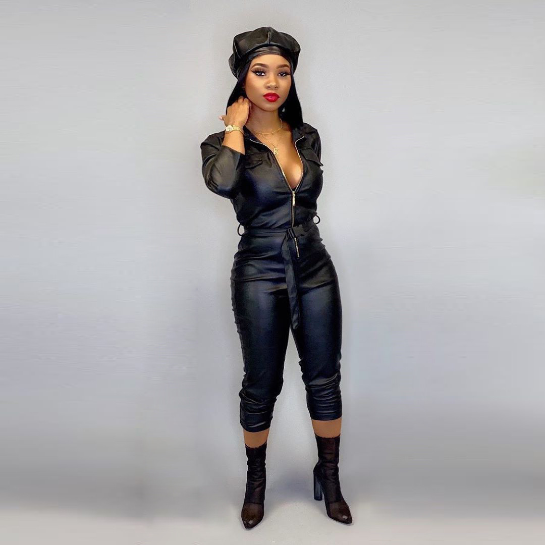 Zip-up PU leather long sleeve high neck solid jumpsuit