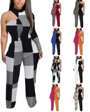 Fashion printed one sleeve one-piece trousers