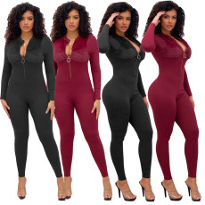Rib chest flannel zipper casual sexy jumpsuit
