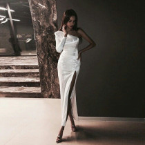 Sexy one shoulder long sleeve slim slit dress