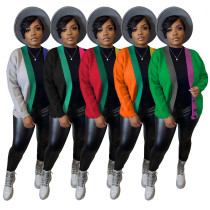 Casual color blocking short knitted cardigan coat