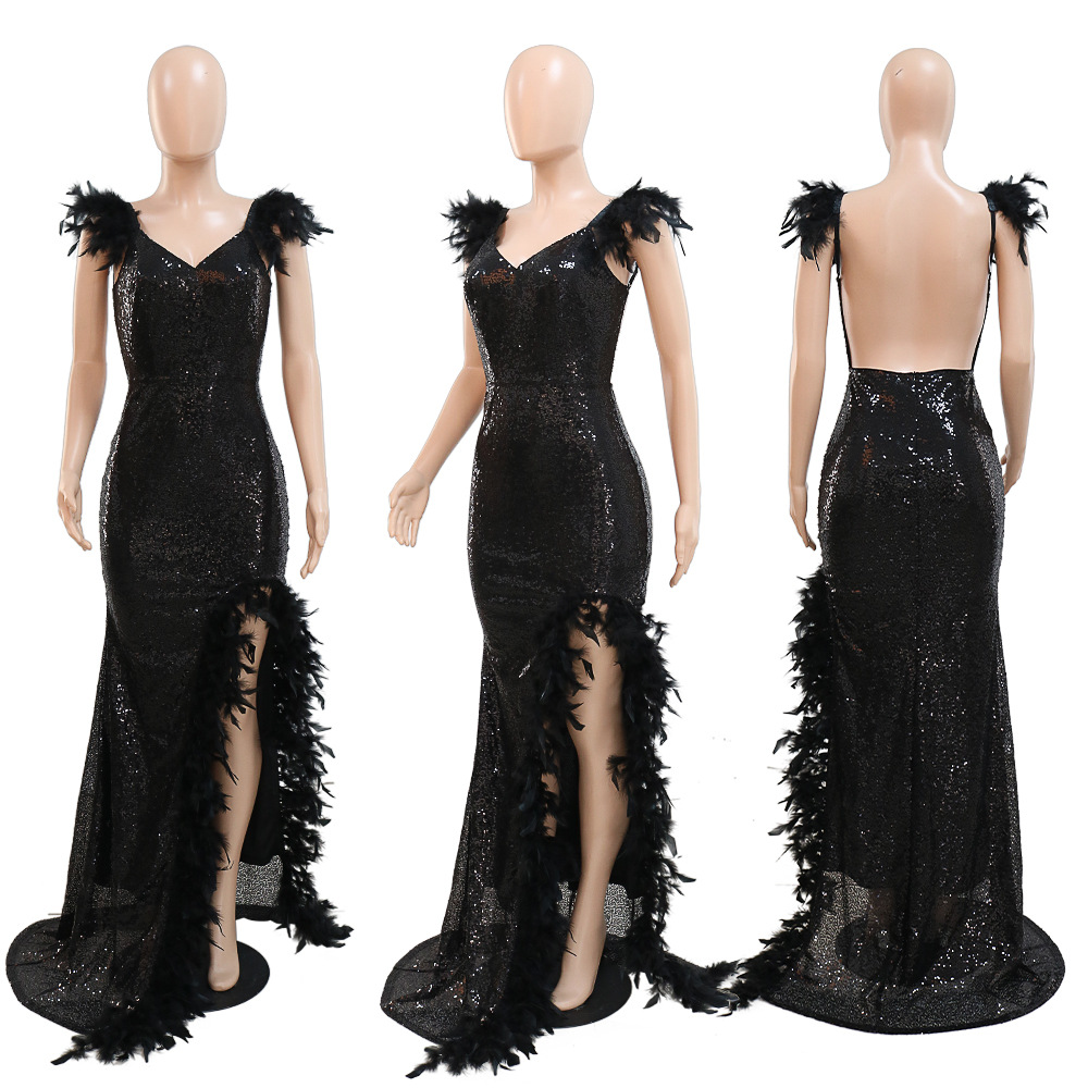 Black Paillette Feather Stitching Sequin Sexy Evening Dress Women