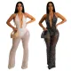 Fashion beaded fringe mesh transparent jumpsuit