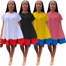 Round neck color blocking loose dress with pockets