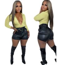 Fashion casual leather pants with button belt