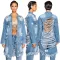 Broken hole tassel long sleeve denim trench coat
