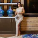 Round neck high slit sequin hot drilling party dress