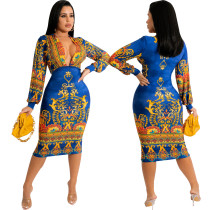 Sexy digital printed V-neck long sleeve one-piece dress