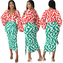 Sexy digital printed V-neck long sleeve pleated dress