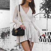 Deep V long sleeve lace up dress