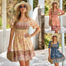 Casual summer bohemian printed square neck dress