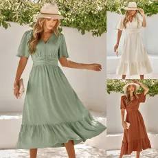 V-Neck Ruffle Sleeve Solid Dress