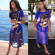 Short sleeve printed+mesh patchwork dress