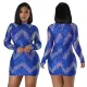 Half high collar sequin wrap hip A-line dress