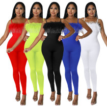 Solid color zipper sling masonry chain feather jumpsuit