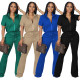 Solid casual high neck zipper coat flare pants two-piece set