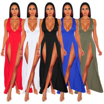 Deep V Split Multicolor Dress