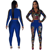Double sided colorful bead piece long sleeve trousers suit