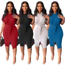 Short sleeve slit shirt dress with belt
