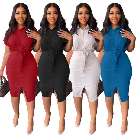 Short sleeve slit shirt dress with belt