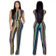 Stripe short sleeve top wide leg pants suit