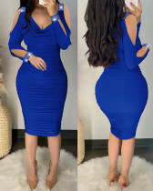 V-Neck Hot Brick Solid Long Sleeve Dress