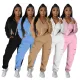 Solid zipper sweater pocket pants set
