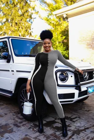 Fashion long sleeve color contrast jumpsuit