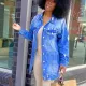 Medium length worn-out denim trench coat