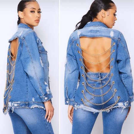 Hollow out back chain denim trench coat