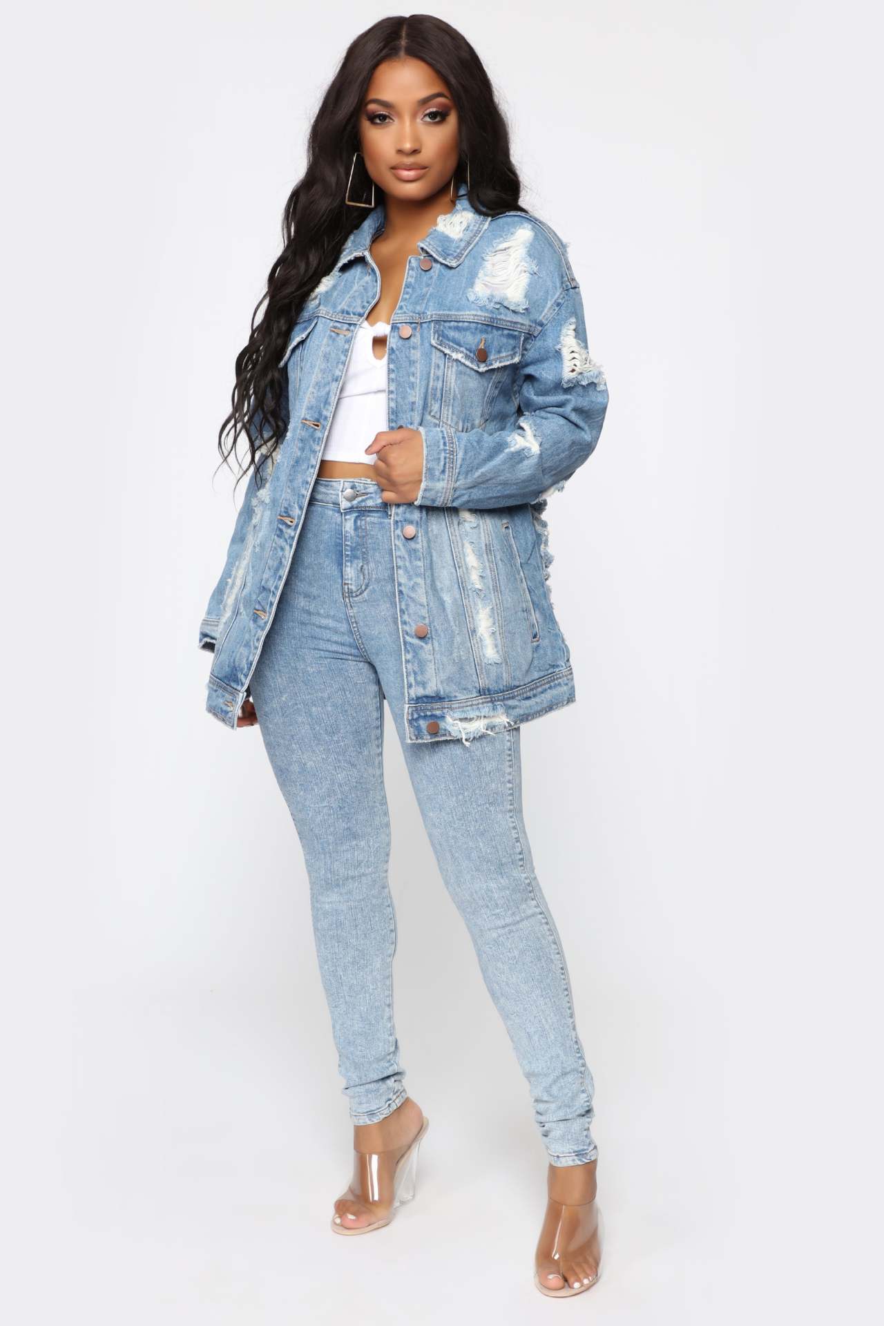 Medium length wornout denim jacket