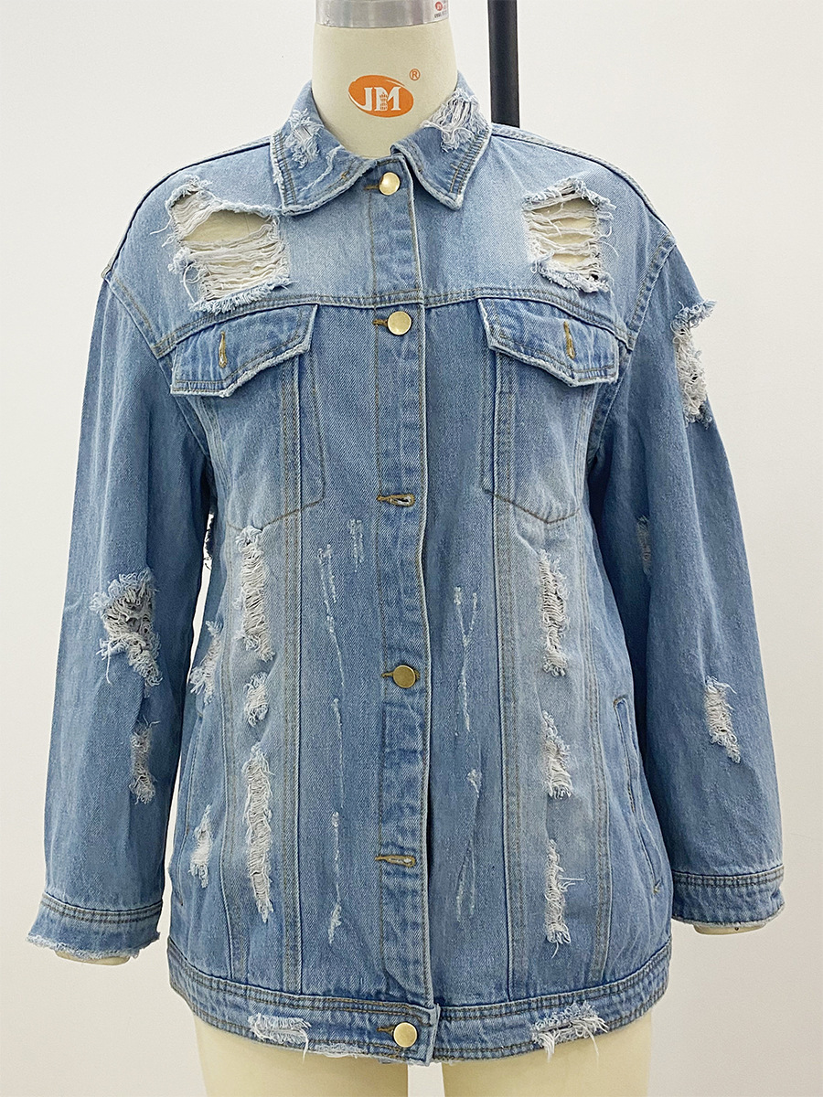 Medium length worn-out denim jacket