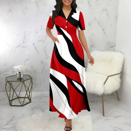 Sexy and fashionable digital printing round neck middle sleeve dress