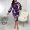 Sexy and fashionable digital printing long-sleeved round neck dress