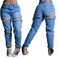 Loose high-waisted wide leg ripped jeans casual pants