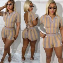 Printed sexy backless short sleeve two-piece set