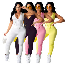 Solid color hooded cut-out sexy pleated two-piece set