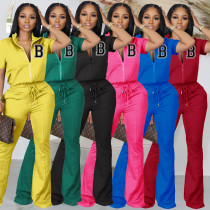 Spring and summer short-sleeved zippered top flared pants suit S-4XL two-piece set