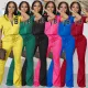 Spring and summer short-sleeved zippered top flared pants suit S-4XL two-piece set