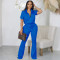 Spring and summer short-sleeved zippered top flared pants suit S-4XL two-piece set